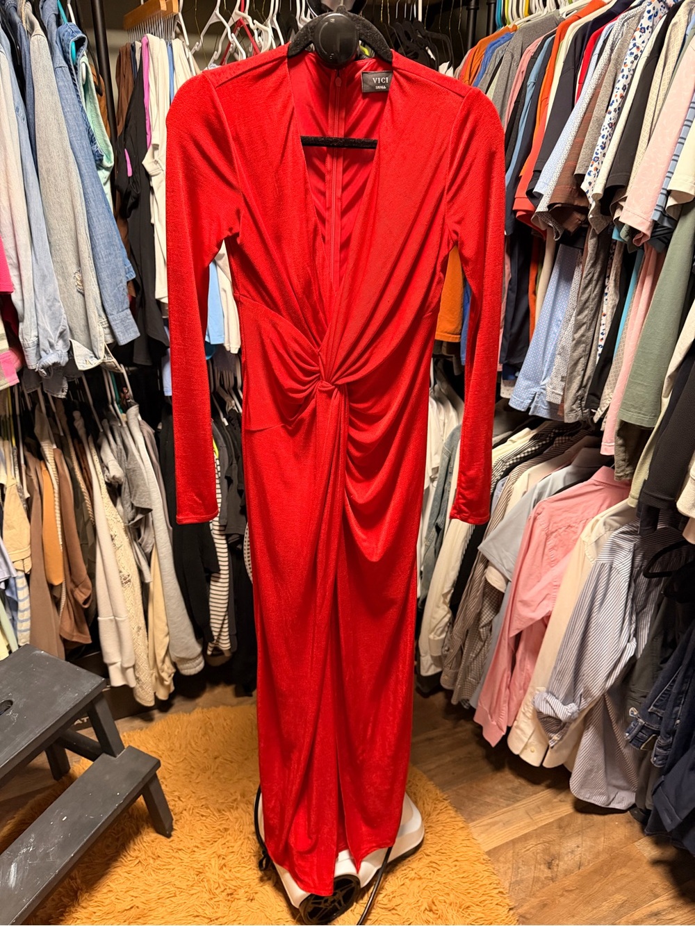 VICI Red Twist-Front Long Sleeve Maxi Dress